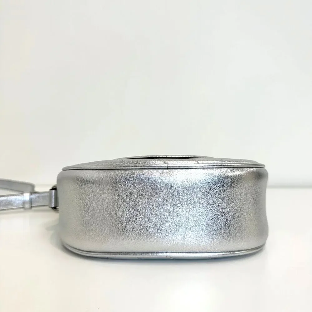 GUCCI Silver Leather GG Logo Oval Blondie Crossbody Bag Metallic Stripe Handbag